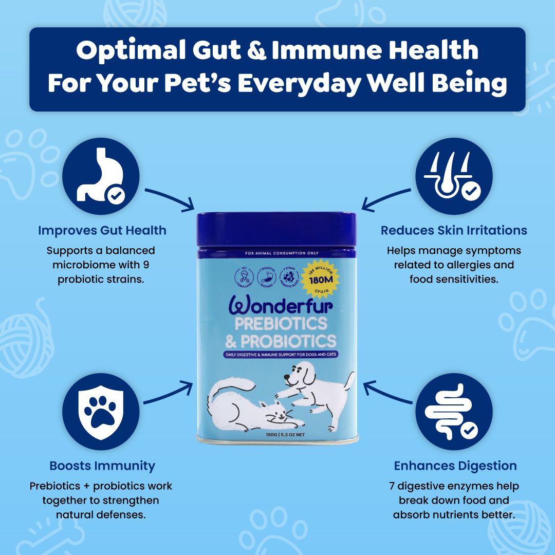 Wonderful Prebiotics & Probiotics for pets on a blue background with health benefits text.