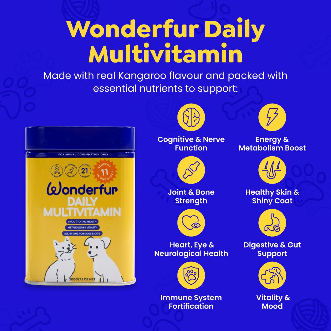 Wonderfur Daily Multivitamin for dogs and cats with kangaroo flavour, supporting immunity, digestion, skin, coat, and joint health.