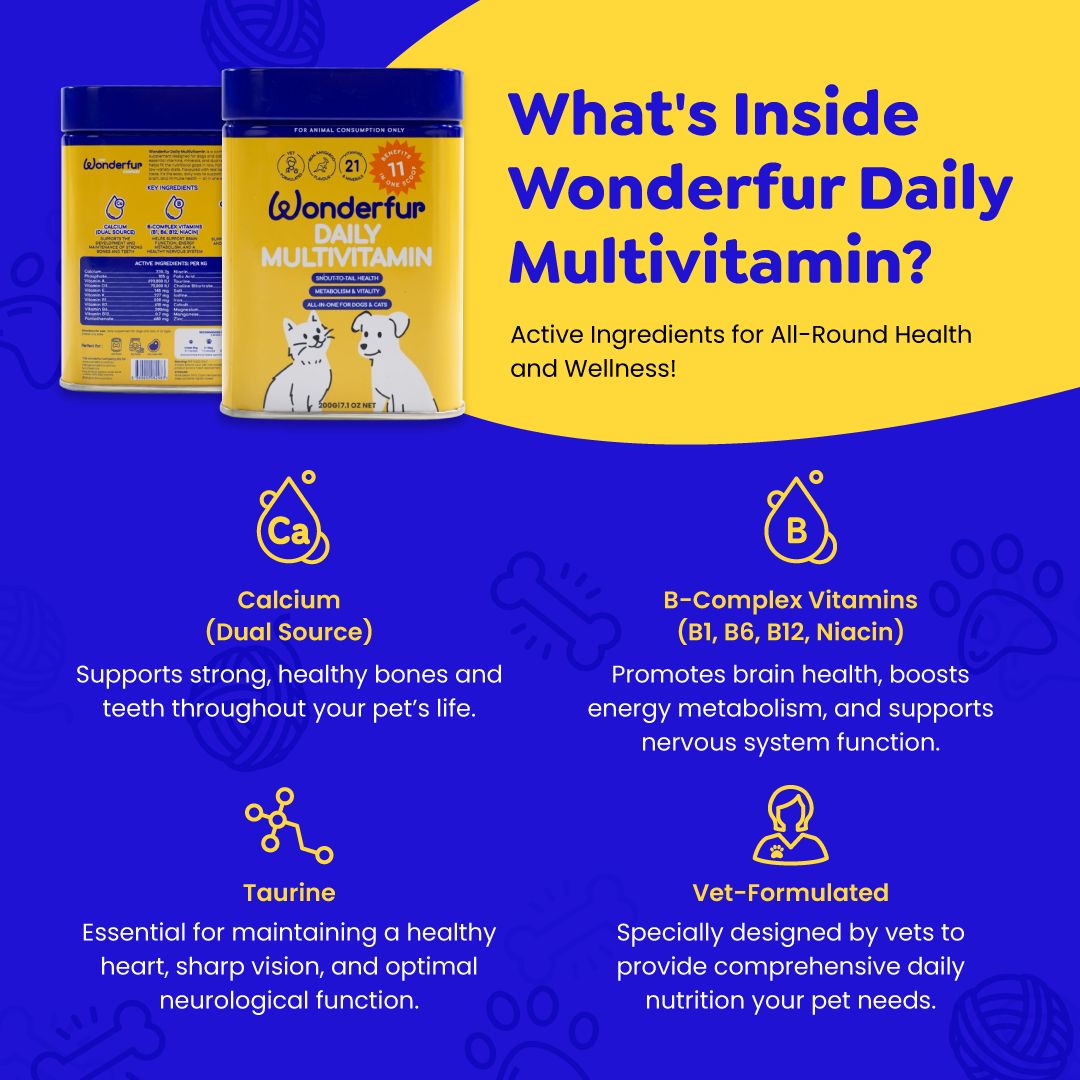 Yellow Wonderfur multivitamin container with icons showing benefits for heart, eye, gut, and immune health.