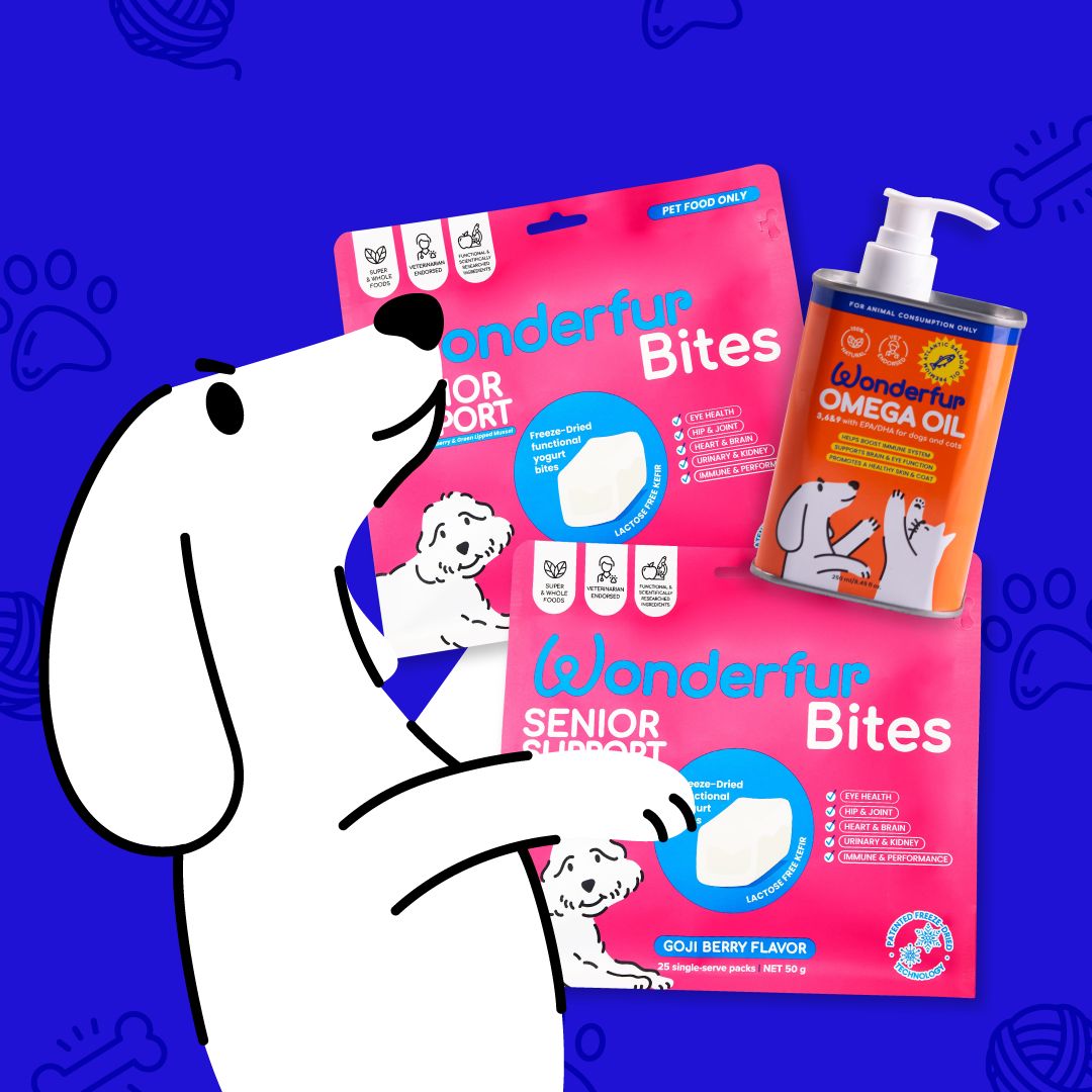 Packaging of 'Wonderful' senior support bites and omega oil for dogs on a blue background with a cartoon dog illustration.