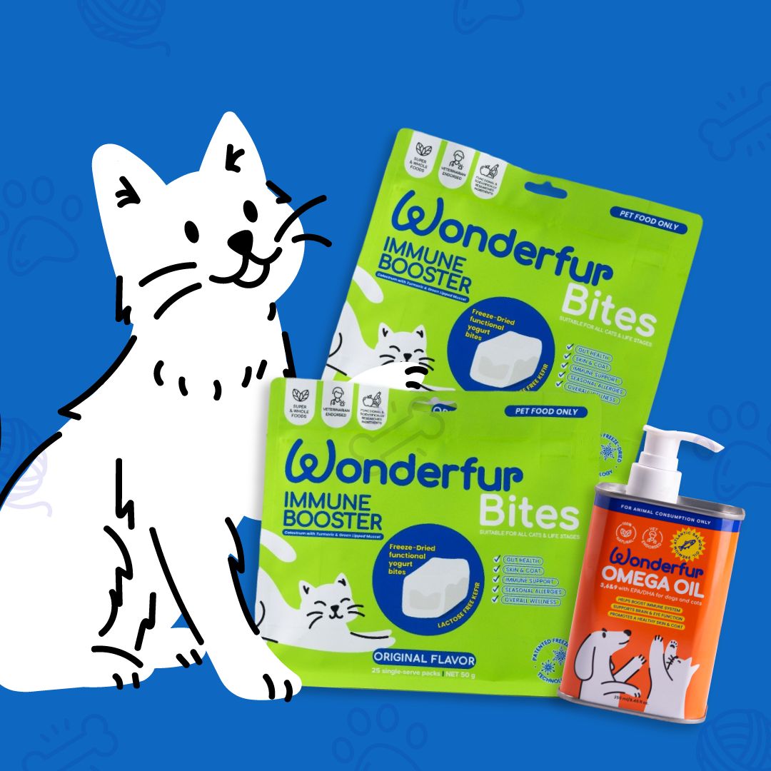 Wonderfur immune booster product packaging with a cartoon cat on a blue background