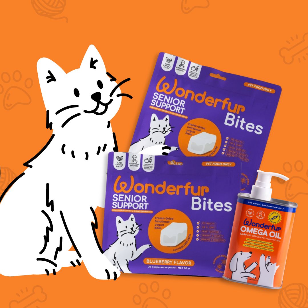 Wonderfur senior support cat treats and omega oil on an orange background with a white cat illustration.
