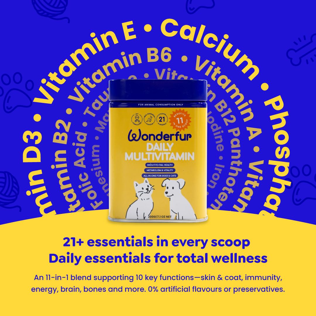 Wonderful Daily Multivitamin for pets on a blue and yellow background with text about vitamins and benefits.