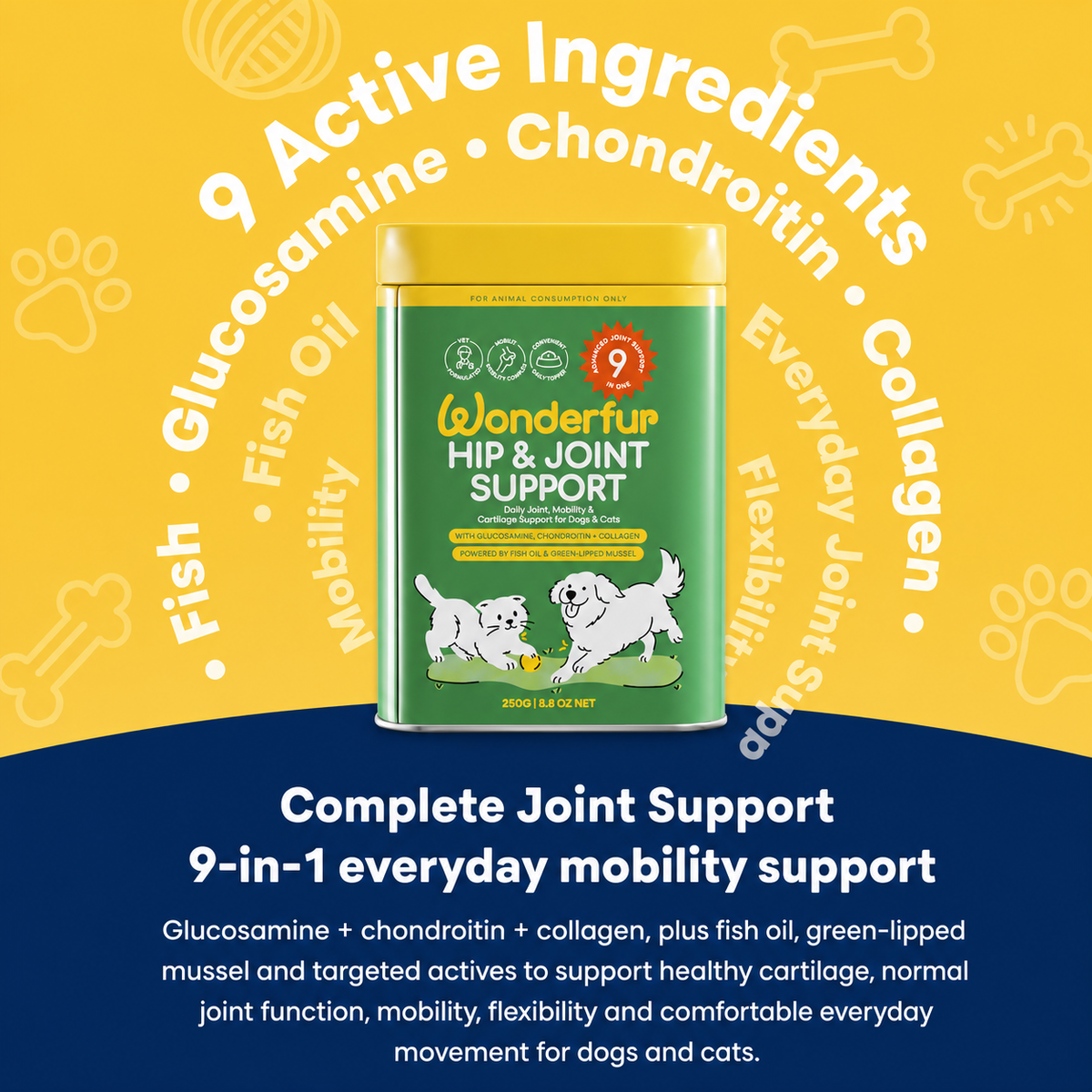 Wonderup Hip & Joint Support dog supplement canister centered on a yellow and navy promotional graphic with text highlighting active ingredients and joint support benefits.