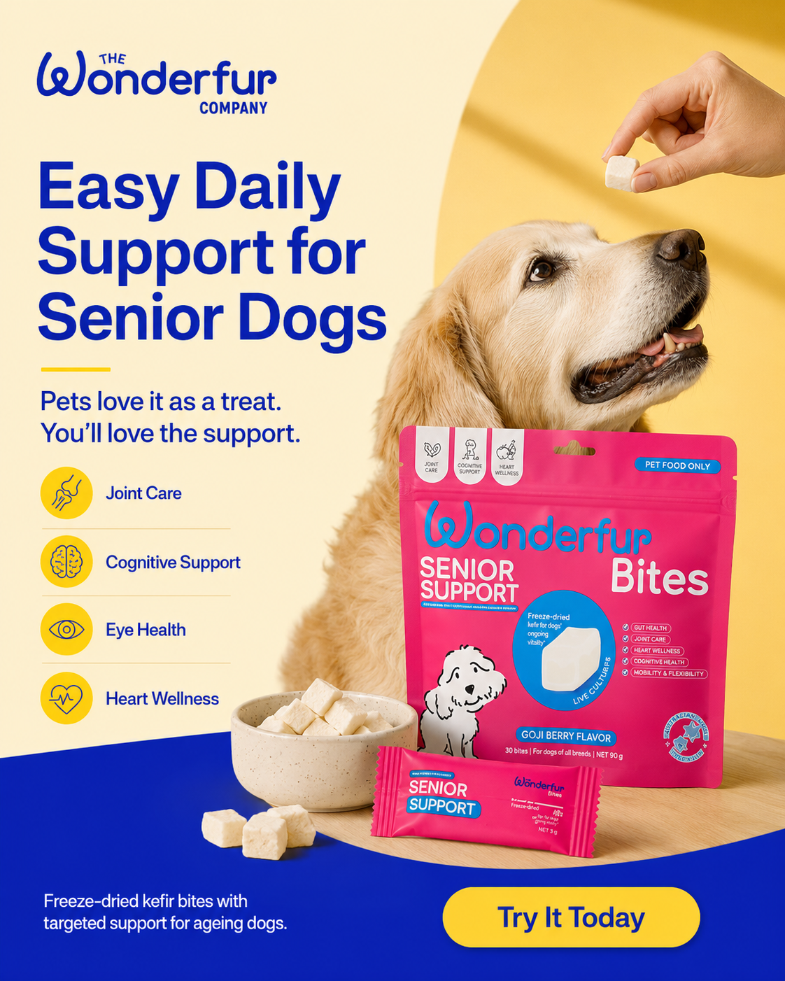 Advertisement for Wonderfur Senior Support for dogs with a dog and treats on a yellow background