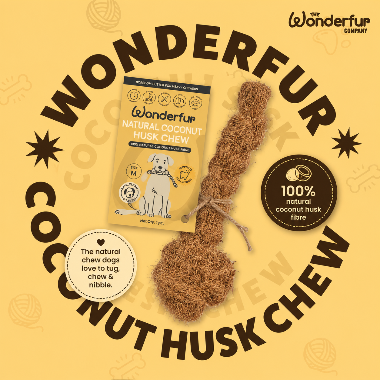 WonderFur Natural Coconut Husk Chew dog chew toy shown with its branded packaging on a warm yellow background. The product is a long, textured brown coconut husk chew tied with twine, and the package is positioned beside it.