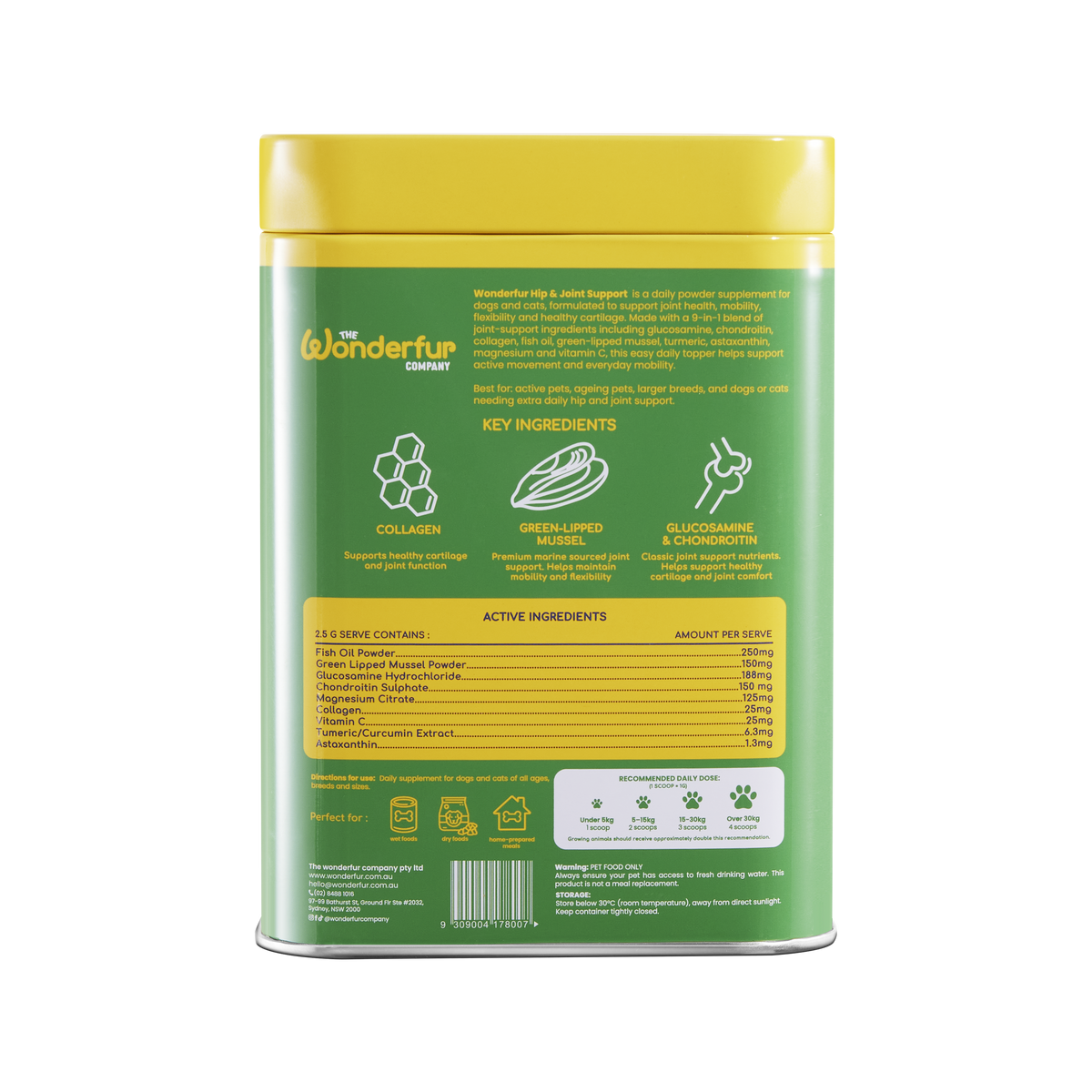 A cylindrical metal canister of WonderFur Enzymatic Digest supplement, showing the green back label with text and icons, topped with a yellow lid, on a plain white background.