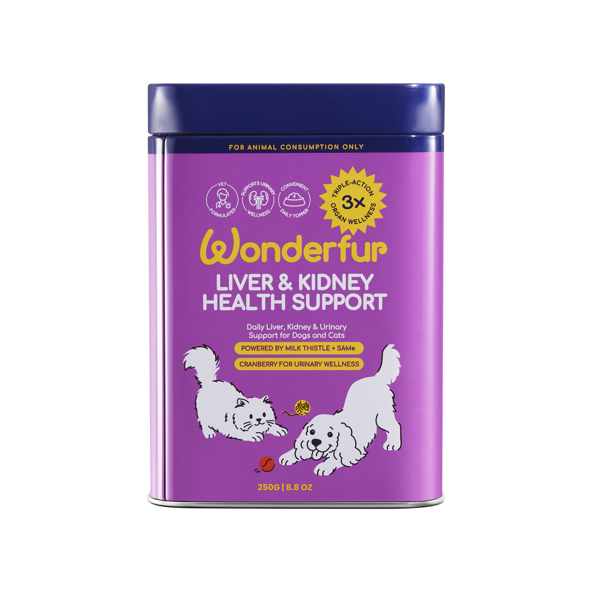 A purple cylindrical canister of Wonderfur Liver & Kidney Health Support supplement for dogs and cats, featuring a dark blue lid and white illustrations of a cat and dog on the front label.