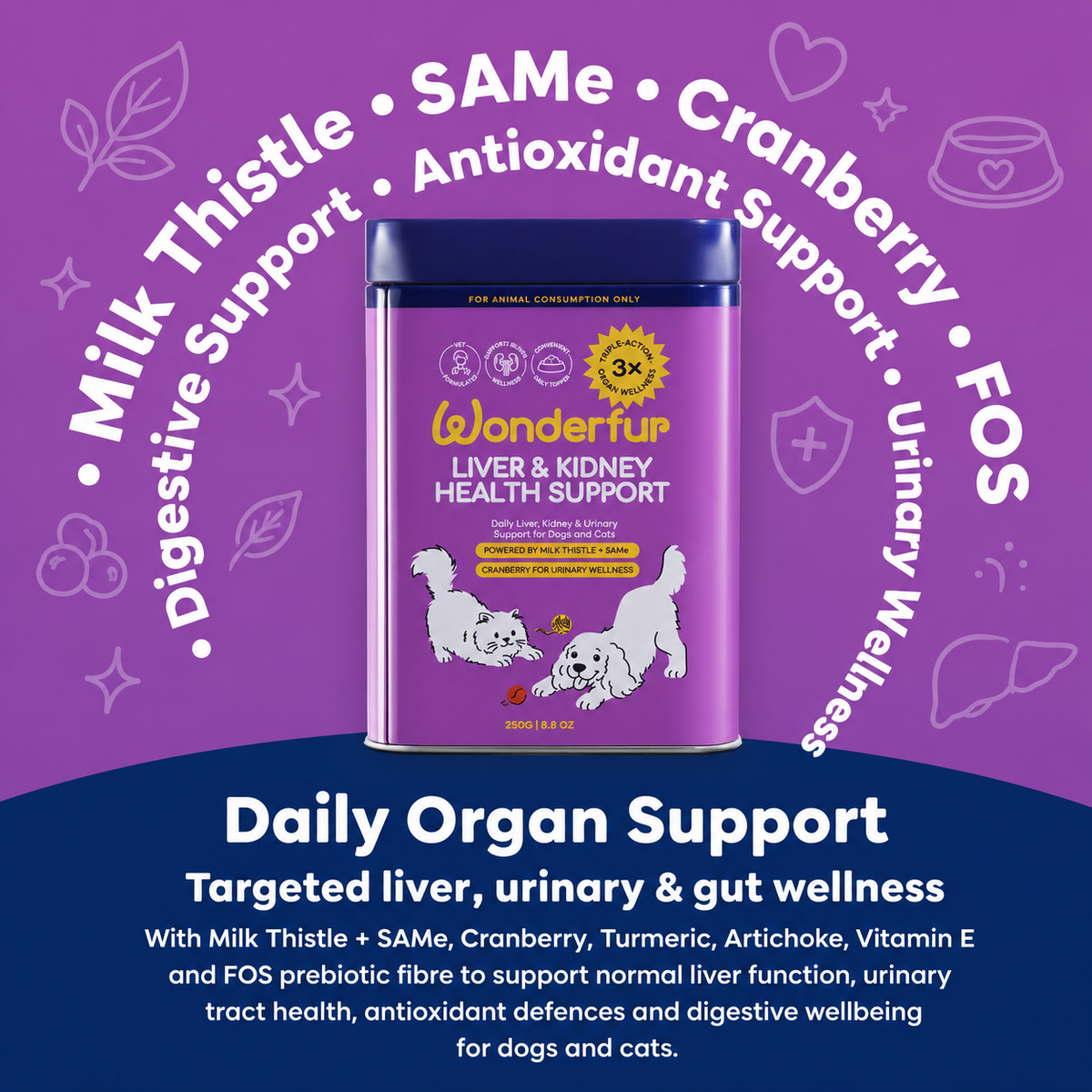 A purple promotional graphic for Wonderfur Liver & Kidney Health Support dog supplement, showing a blue canister with white dog illustrations, surrounded by white text listing ingredients and benefits on a purple background with a dark blue footer.