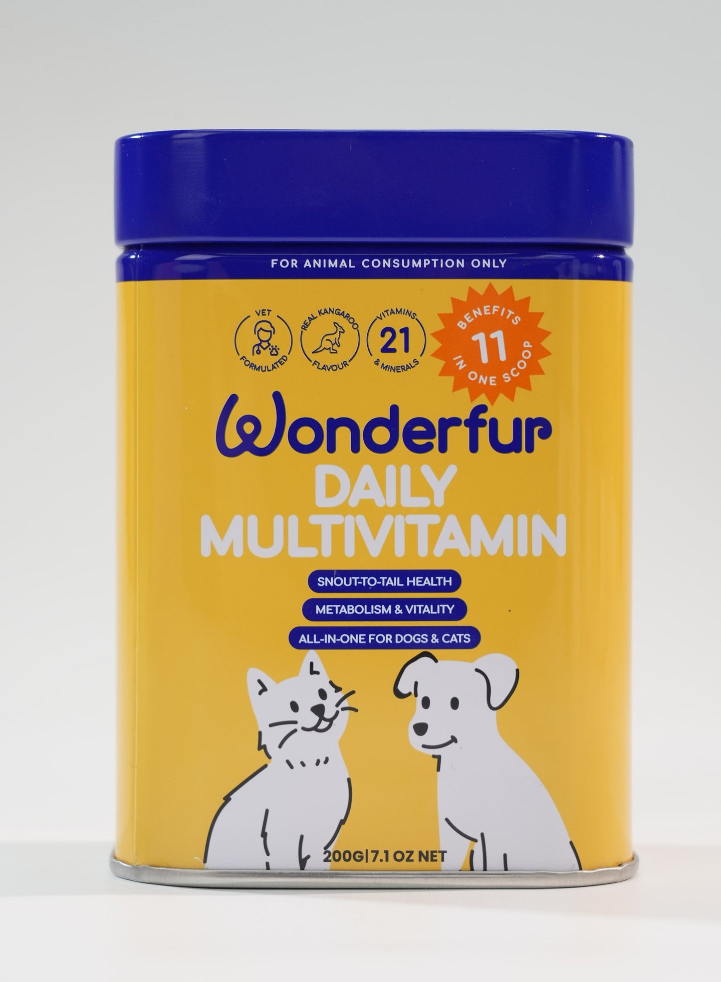Yellow canister of Wonderfur Daily Multivitamin for pets on a white background