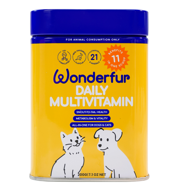 Yellow container of Wonderfur Daily Multivitamin for pets with blue lid on a white background