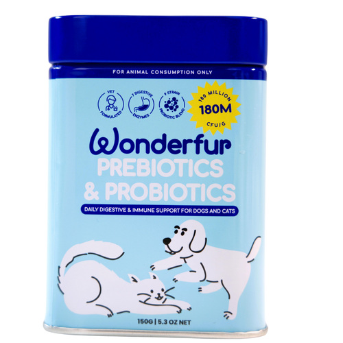 Wonderfur prebiotics and probiotics container for pets on a white background