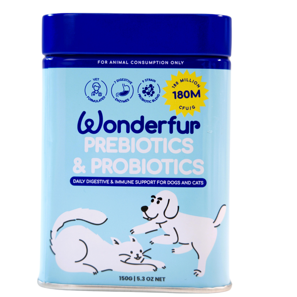 Wonderfur prebiotics and probiotics container for pets on a white background