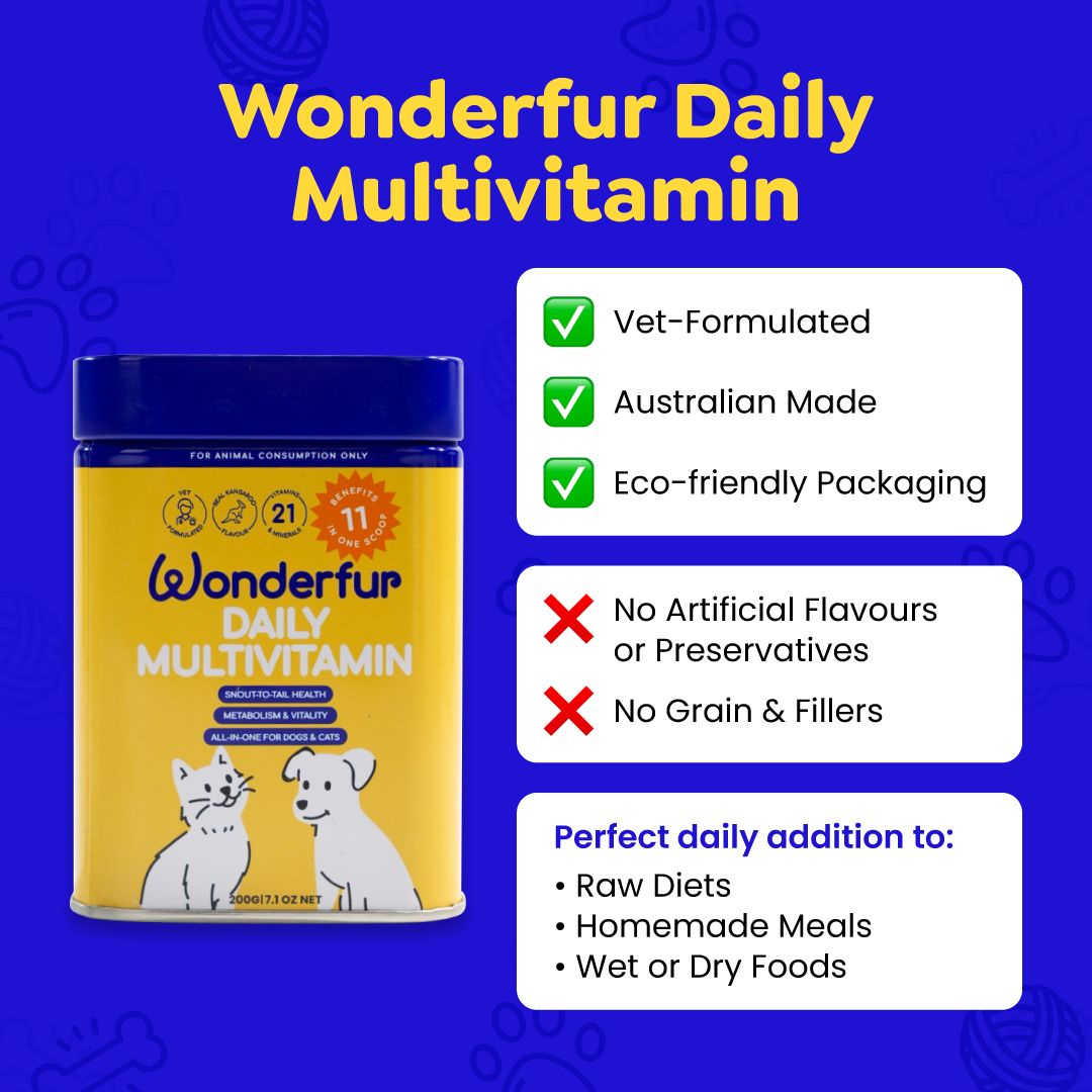 Pet multivitamin supplement for dogs and cats with essential nutrients for energy, metabolism, and overall wellness.