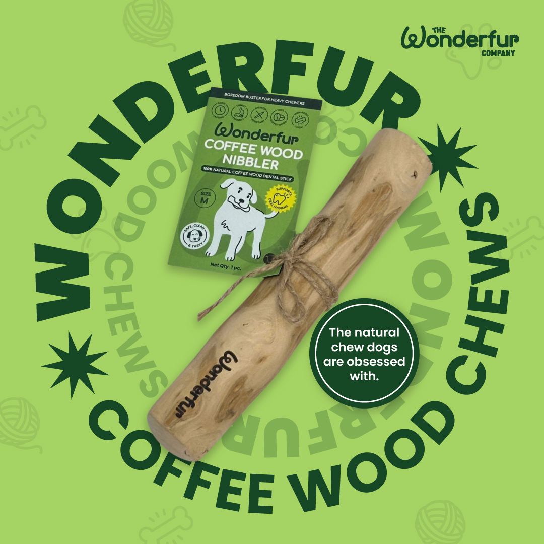 Wonderfur Coffee Wood Nibbler product on a green background with brand name.