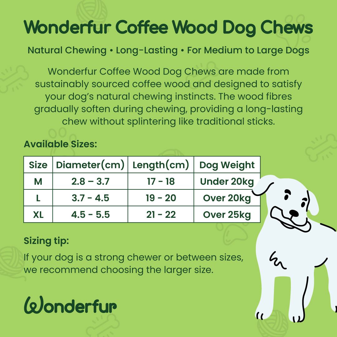 Product description of Wonderfur Coffee Wood Dog Chews with size chart and dog illustration on a green background