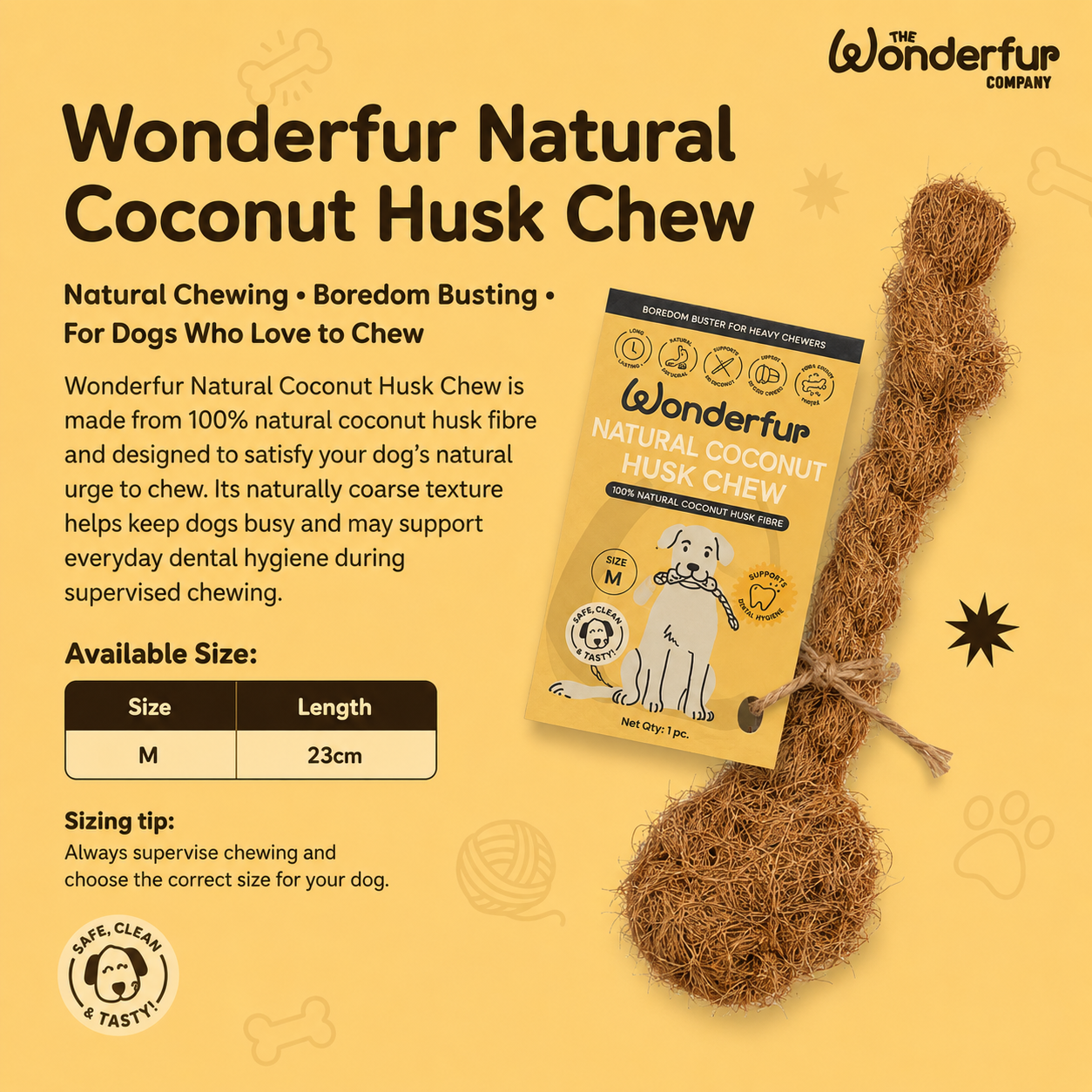 Wonderfur Natural Coconut Husk Chew dog chew shown on a warm yellow background with product text, size information, and a small packaging card. The product is a long, curly brown fibrous chew, and the package is visible beside it.