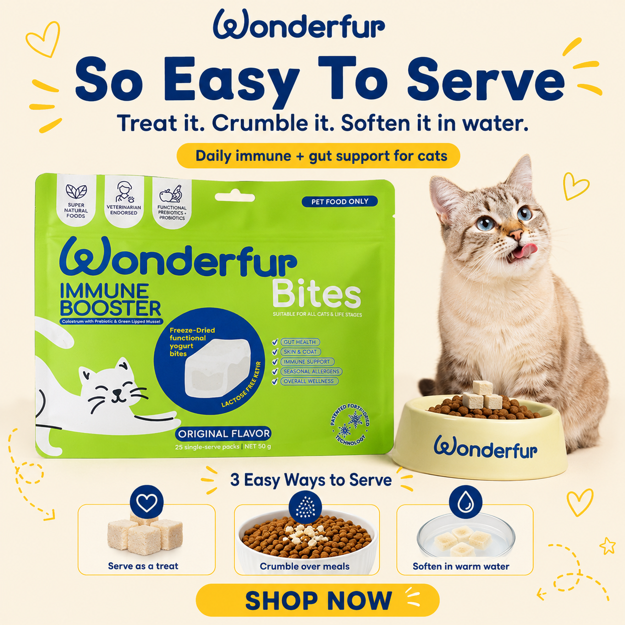 Wonderfur immune booster bites packaging with a cat and text on a light background