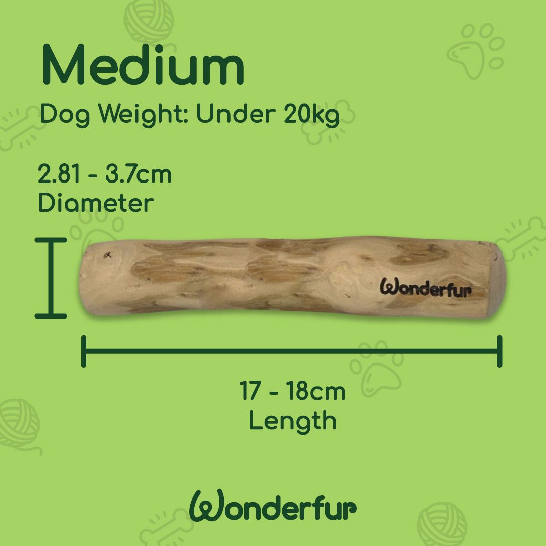 Wooden dog toy with measurements and Wonderfur branding on a green background