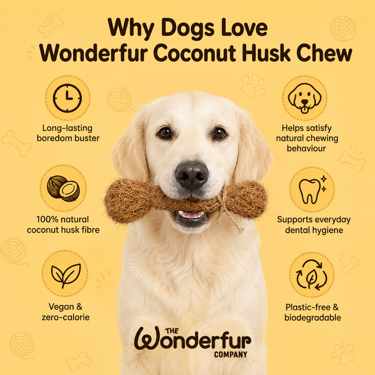 A golden retriever dog holds a coconut husk chew in its mouth against a yellow background with text and icons promoting the Wonderfur Company's dog chew.