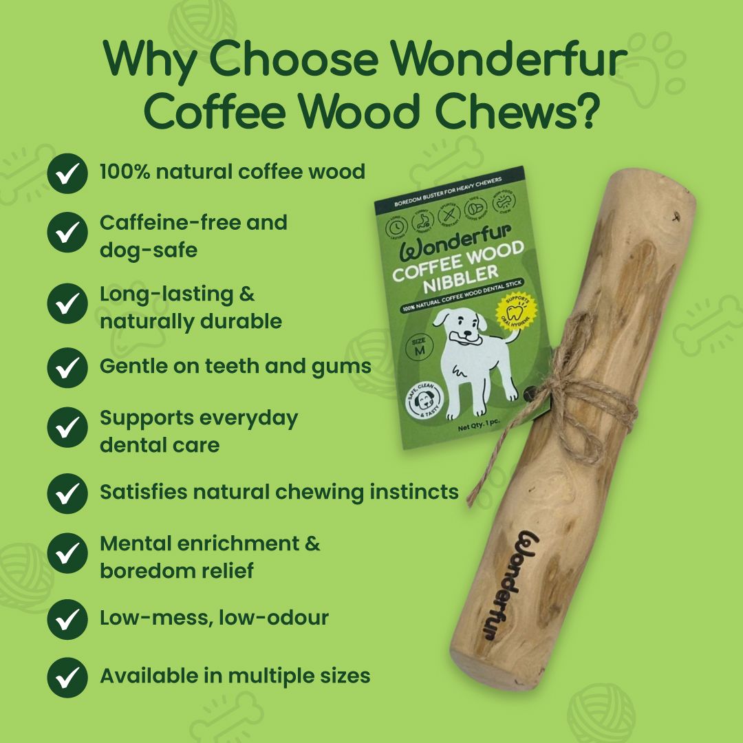 Wonderfur Coffee Wood Chews packaging with product and benefits listed on a green background