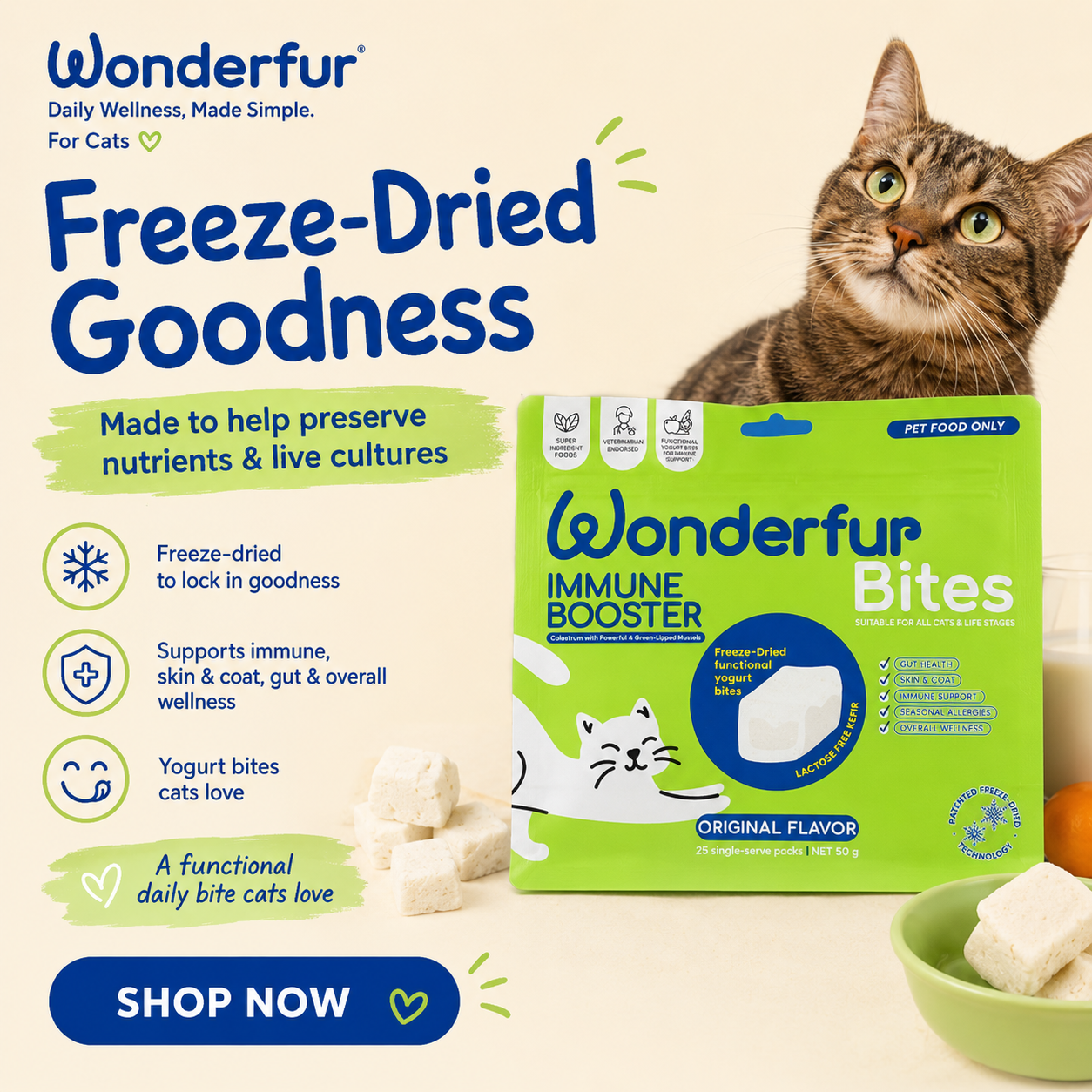 Wonderfur immune booster bites packaging with a cat and product details on a beige background