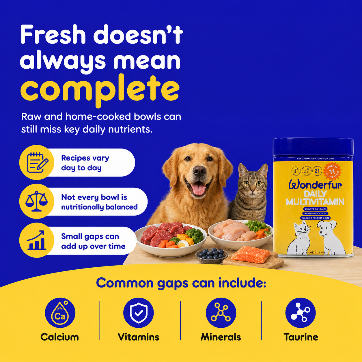 Advertisement for a daily multivitamin for pets with a dog and cat, and text about the importance of balanced nutrition.