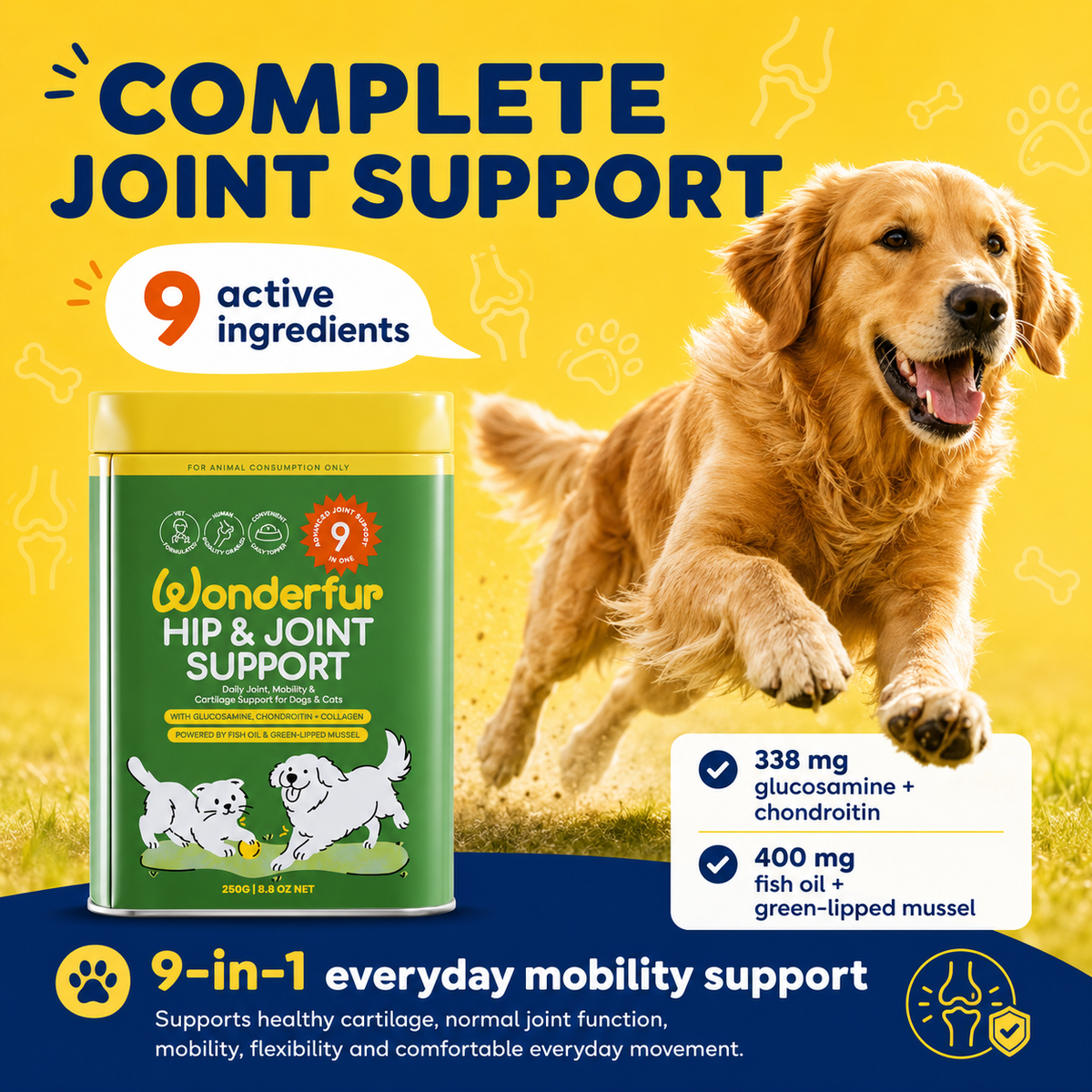 Wonderfur Hip & Joint Support dog supplement canister shown on a bright yellow promotional graphic with a running golden retriever, text reading 'Complete Joint Support,' and ingredient callouts.