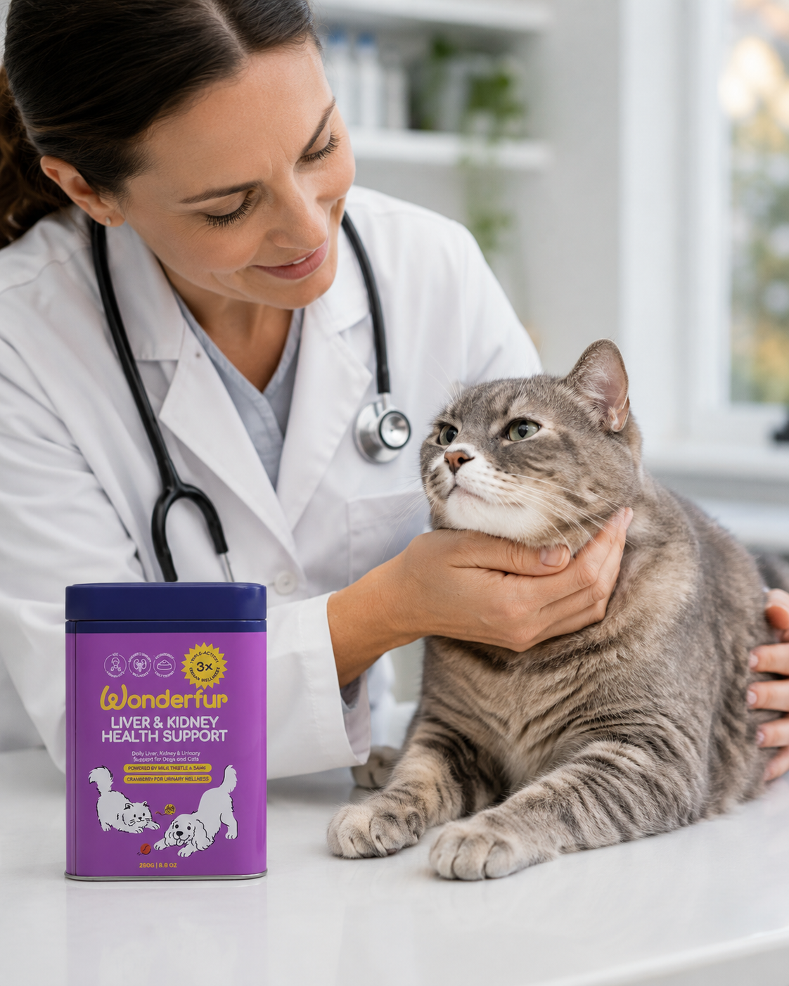 A veterinarian in a white coat gently holds a gray tabby cat on an examination table next to a purple canister of Wonderlif Liver & Kidney Health Support.